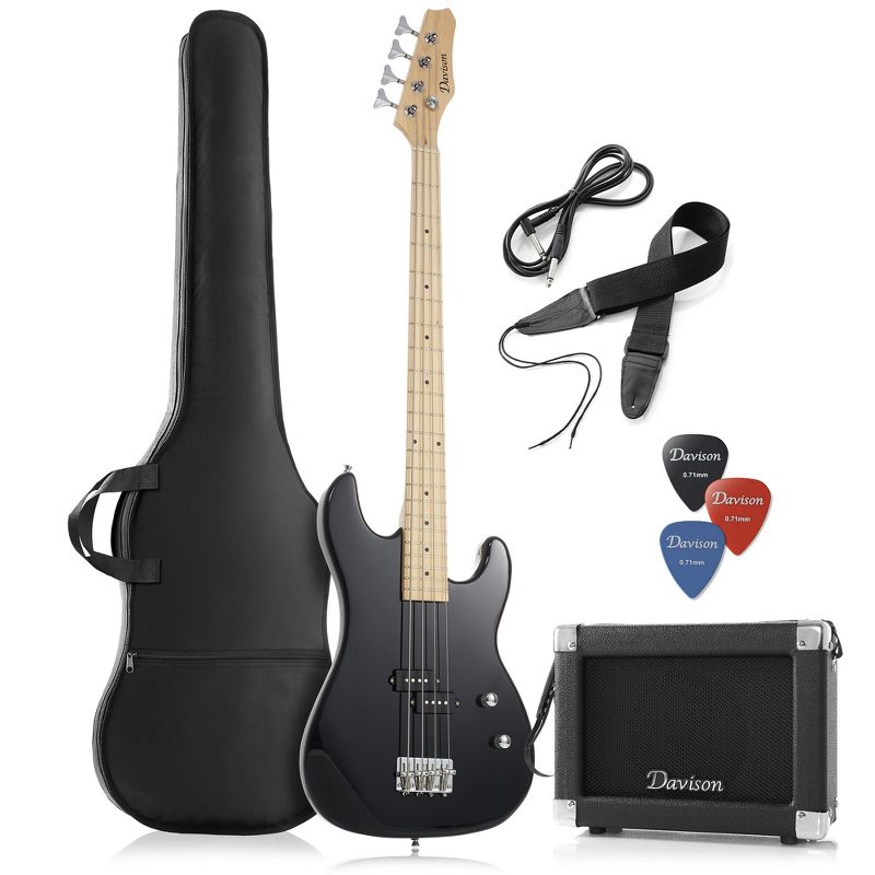 Davison 4-String Electric Bass Guitar with P-Style Pickups - Bass Guitar Kit with 15-Watt Amp, Gig Bag & Accessories, 1 of 8