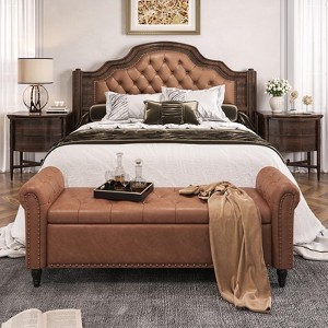 Storage Bed Bench, Faux Leather Upholstered Ottoman Foot Rest with Rolled Arms - 1 of 4