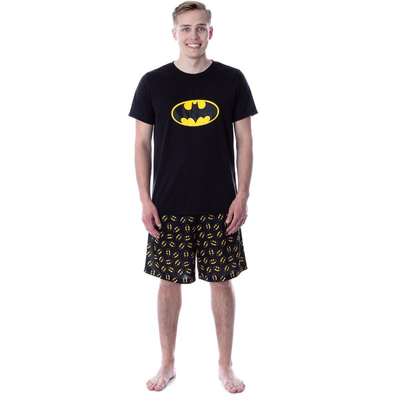 DC Comics Mens' Batman Logo Short Sleeve Shirt Pajama Short Set Black, 1 of 6