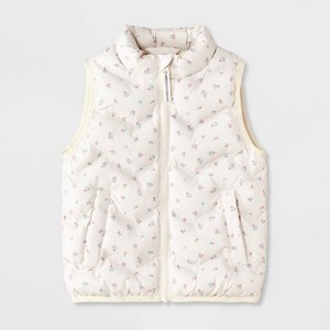 Toddler Girls' Calico Floral Quilted Puffer Vest - Cat & Jack™ Cream - 1 of 4