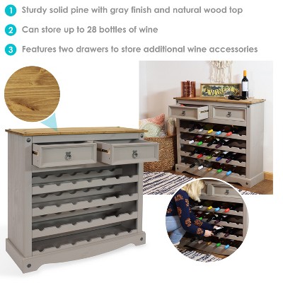Gray Solid Pine 28-Bottle Wine Rack Cabinet with Drawers