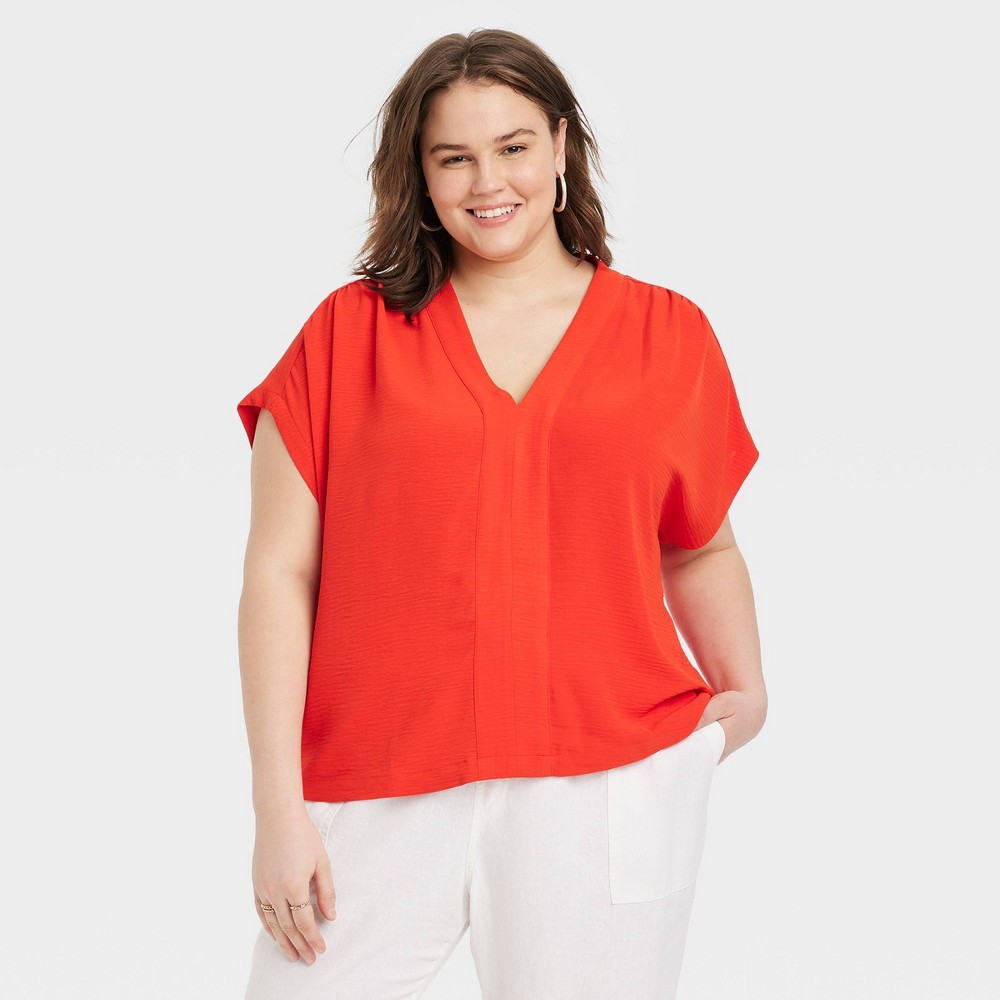 Women's Woven Short Sleeve V-Neck Shirt - A New Day™ Red 2X