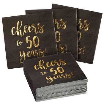 Blue Panda 50 Pack Cheers to 50 Years Cocktail Napkins for 50th Birthday, Anniversary Party Supplies, 3-Ply, Black and Gold Foil, 5 x 5 In
