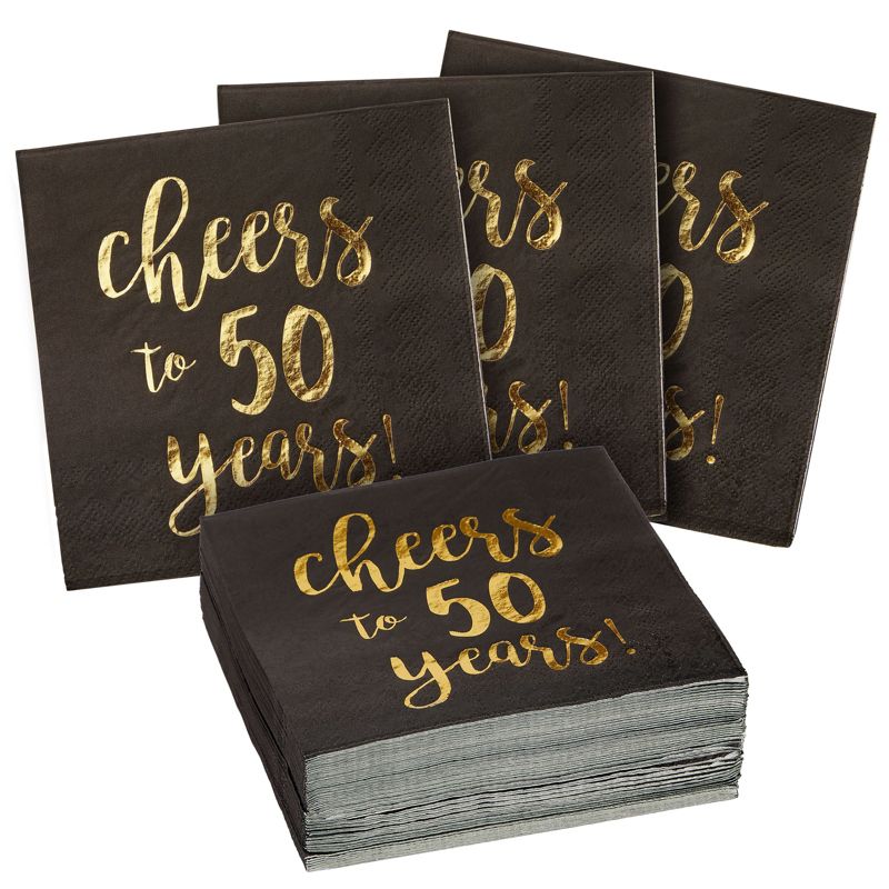 Blue Panda 50 Pack Cheers to 50 Years Cocktail Napkins for 50th Birthday, Anniversary Party Supplies, 3-Ply, Black and Gold Foil, 5 x 5 In, 1 of 10
