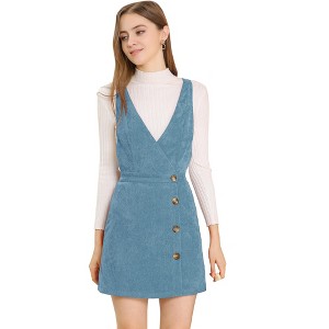 Allegra K Women's Corduroy Mini V Neck Vintage A-Line Bib Overall Pinafore Skirts - 1 of 4