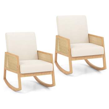 Tangkula Glider Rocking Chair Set of 2 Accent w/ Rattan Armrests Upholstered Cushion