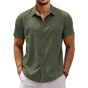 COOFANDY Mens Linen Shirt Short Sleeve Button Down Shirts Casual Plaid Collar Summer Beach Shirts - 1 of 4