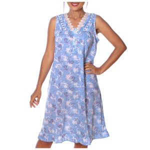 YafeMarte Women’s Sleeveless Cotton Blend Nightgown with Lace Trim V-Neck and Floral Design - 1 of 4