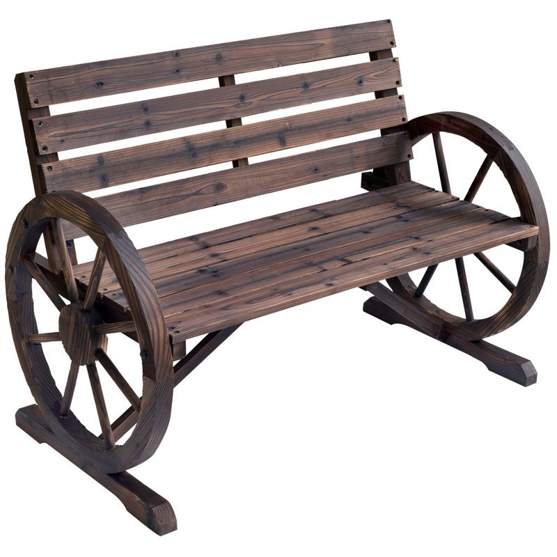 Outsunny Wooden Wagon Wheel Bench Rustic Outdoor Patio Furniture, 2-Person Seat Bench with Backrest, 1 of 8
