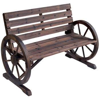Outsunny Wooden Wagon Wheel Bench Rustic Outdoor Patio Furniture, 2-Person Seat Bench with Backrest