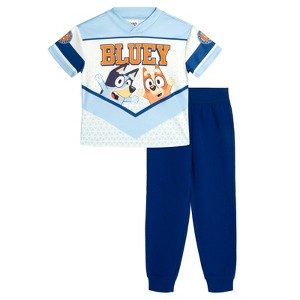 Bluey Mesh V-neck T-Shirt and French Terry Jogger Pants Outfit Set Toddler - 1 of 4