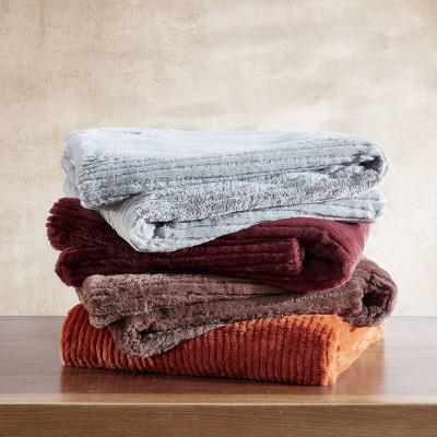 Gray Ribbed Reversible Fleece Sherpa Throw Blanket