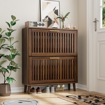 Mid-Century Modern Shoe Cabinet with 2 Flip Drawers,31.5" & 23.6" Walnut Freestanding Entryway Organizer with Slatted Doors for Hallway-Baofuwish