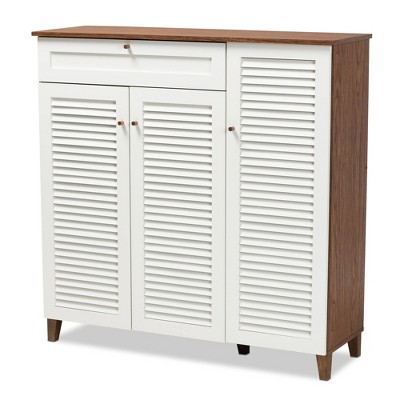 Coolidge 11 Shelf Wood Shoe Cabinet with Drawer White/Walnut - Baxton Studio