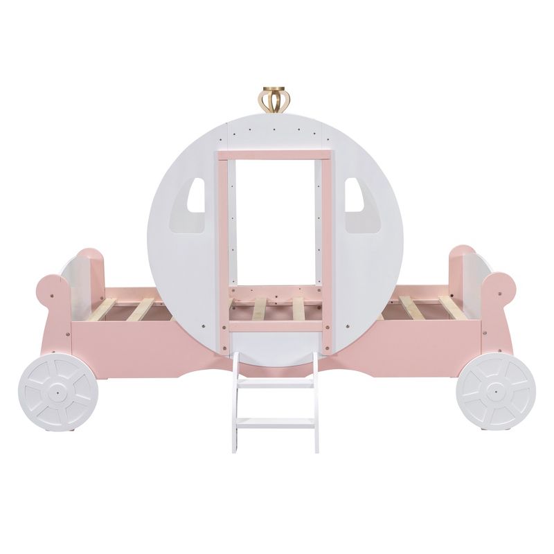 Twin size Princess Carriage Bed with Crown, Wood Platform Car Bed with Stair-ModernLuxe, 5 of 13