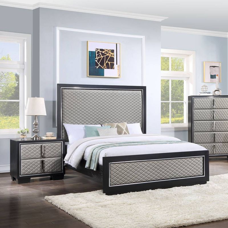 85&#34; Eastern King Bed Nicola Bed Silver Synthetic Leather Black Finish - Acme Furniture, 1 of 8