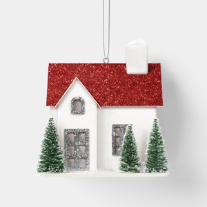 Glittered House with Red Roof and Bottle Brush Trees Christmas Tree Ornament White - Wondershop™: Indoor Use, 3.5" Height - 1 of 3