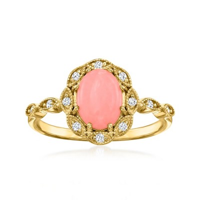 Ross-Simons Pink Coral Ring With 0.10 ct. t.w. White Zircons in 18kt Gold Over Sterling
