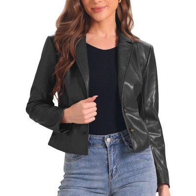 Allegra K Women's Faux Leather Motorcycle Vintage Cropped Blazer Jackets
