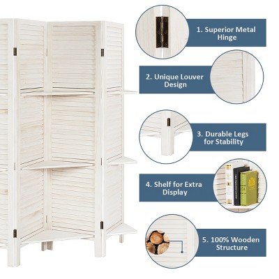 White 4-Panel Folding Room Divider with Shelves