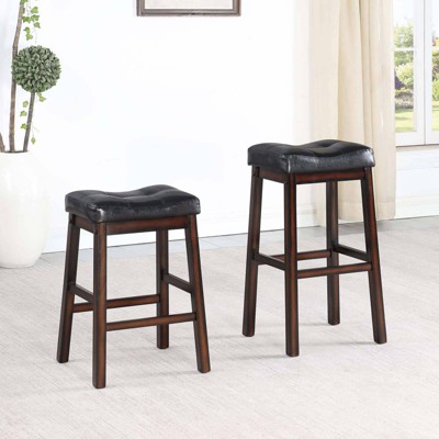Donald Black Leather Saddle Style Counter Stools, Set of 2