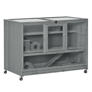 Wooden 3-Tier Hamster Cage Hutch Box with Ladder Wheels for Small Animals - 1 of 4