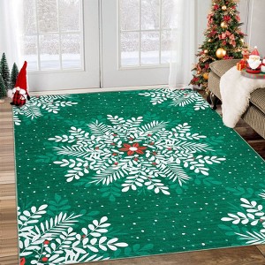 Washable Rug Christmas Rug for Living Room Non-Slip Snowflakes Floor Cover Low Pile  Foldable Green Christmas Rugs - 1 of 4