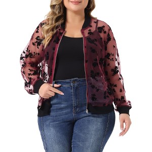 Women's Plus Size Bomber Mesh Sheer Floral Lace Long Sleeve Fashion Jackets - Agnes Orinda - 1 of 4