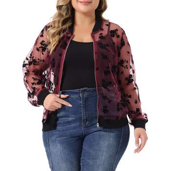 Agnes Orinda Women's Plus Size Bomber Mesh Sheer Floral Lace Long Sleeve Fashion Jackets