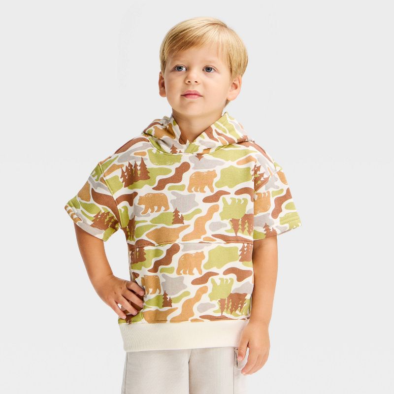 Baby Boys' Short Sleeve Bear Camo Fleece Oversized Pullover Hoodie Sweatshirt - Scavenger Hunt 12M