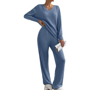 Women's Pajama Sets Long Sleeve Short Sleeve 2 Piece Lounge Sets Ribbed Knit Sweater Sleepwear - 1 of 4