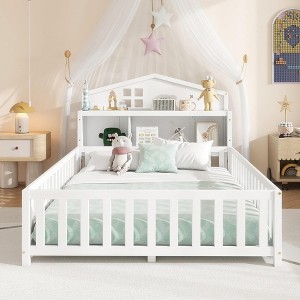 BABYYER Full Size Floor Bed with Bookcases and Blackboards, Solid Wood Platform Bed with Storage Headboards, Playhouse for Kids and Teens - 1 of 4