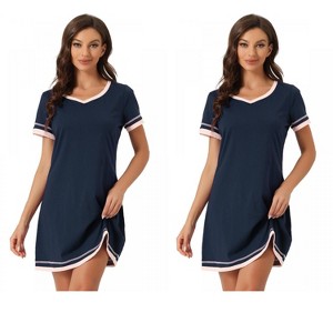 INSPIRE CHIC Women's 2 Pcs Short-Sleeve Nightshirt Color-Block V-Neck Sleepdress Set - 1 of 4
