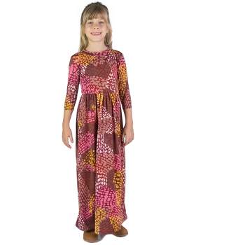24seven Comfort Apparel Girls Fall Print Three Quarter Sleeve Pleated Maxi Dress