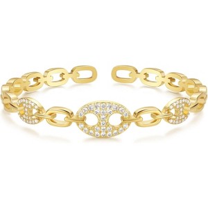 14K Gold Plated Adjustable Open Cuff Bracelet Flat Hollow Butterfly Cubic Zirconia - 1 of 4