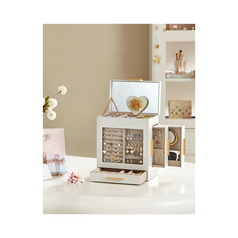 SONGMICS 5-Tier Jewelry Box with Glass Window Jewelry Storage Organizer with 3 Side Drawers & Big Mirror, 3 of 6