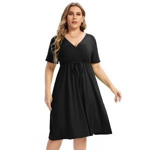 Plus Size Dress Women's V Neck A-Line Knee Length Wrap Mini Dress With Belt Plus Size Dresses for Curvy Women - 1 of 4