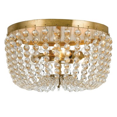 Antique Gold Crystal Flush Mount with Natural Wood Beads