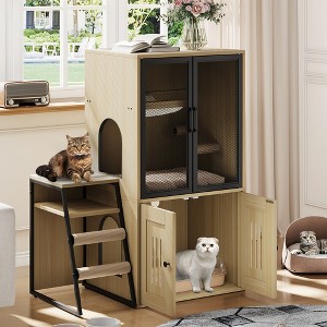 Cat Litter Box Enclosure Furniture, Double Layer Cat House with Door, Cat House with Ladder - 1 of 4