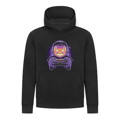 Everyday Kids Halloween Pullover Hoodie – Gamer Pumpkin with Headphones and Controller – Cozy Fall Sweatshirt for Boys, Black