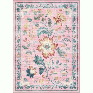 Washable Floral Rug, 5x7ft Non-Slip Foldable Area Rug, Machine Washable Pink Rug for Living Room Bedroom, Pet-Friendly - 1 of 4