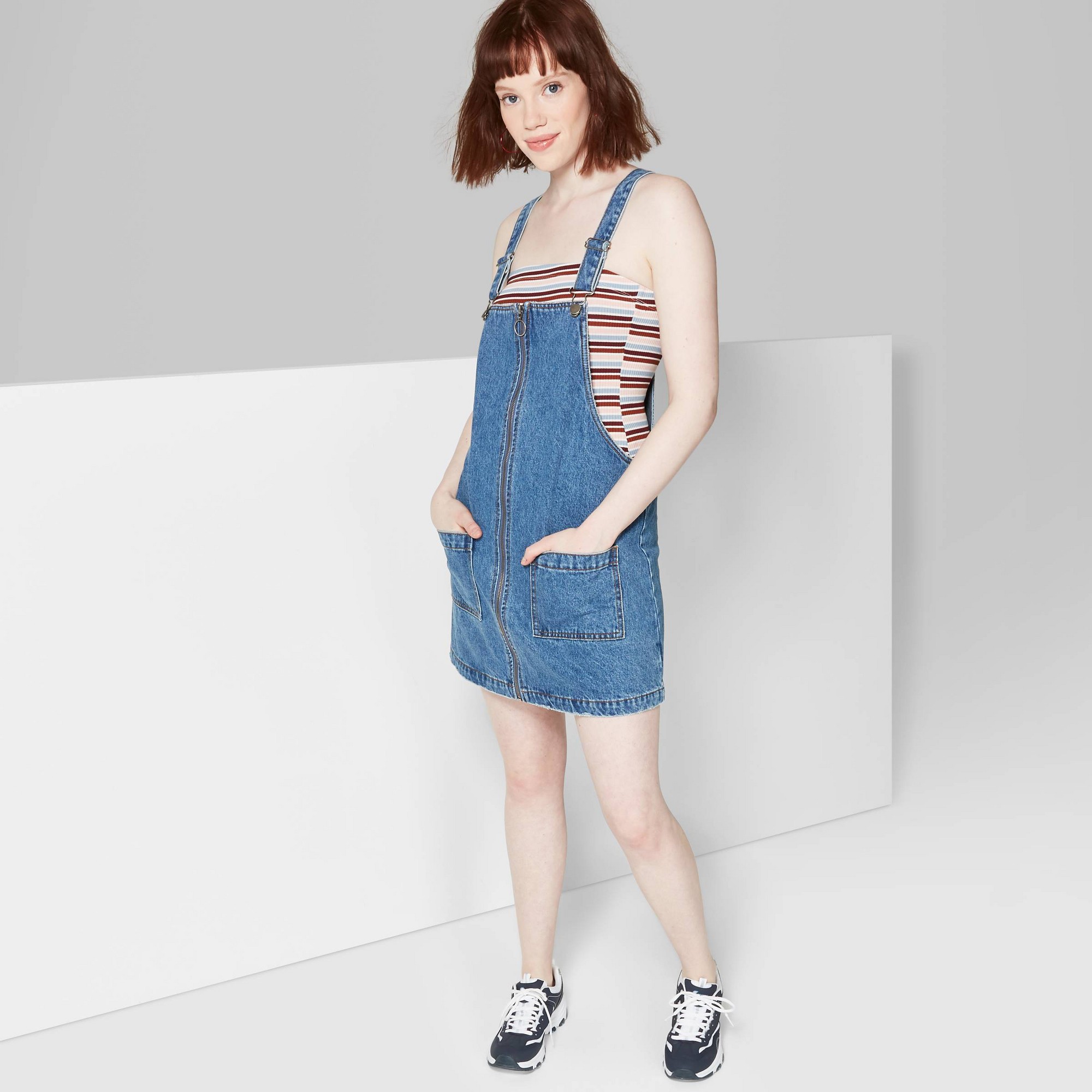 Zip front denim pinafore on sale dress