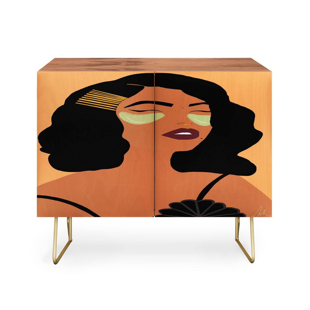 EELISE_NDRI Mean Greens Credenza Walnut/Orange/Gold - Deny Designs: Mid-Century Modern, Adjustable Shelves