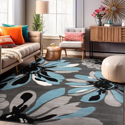 Blue and Gray Abstract Floral Synthetic Area Rug 8'8" x 12'