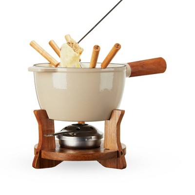 Beige Enamel Cast Iron Fondue Pot with Wood Stand