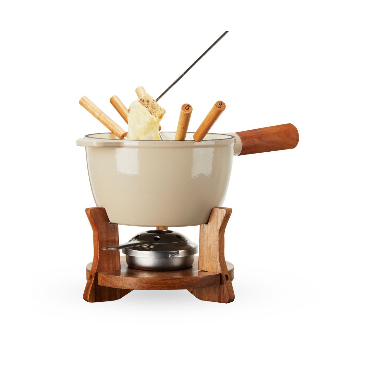 Twine Cast Iron Fondue Set with Wood Stand and Forks, Chocolate Melting Pot, Cheese Fondue Kit Set, Housewarming Gifts, Wedding Gifts, 8.5", Beige - thumbnail 7