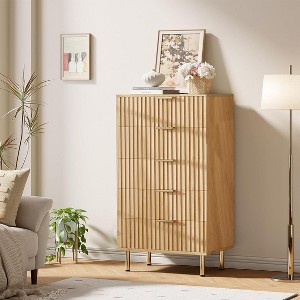 Modern Sideboard with Fluted 5 Deep Drawers & Metal Legs, Wooden Dresser Organizer, Side Table for Bedroom Living Room Hallway Kids Room - 1 of 1