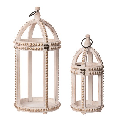 Transpac Wood 21.5" White Spring Hobnail Cage Lanterns Set of 2