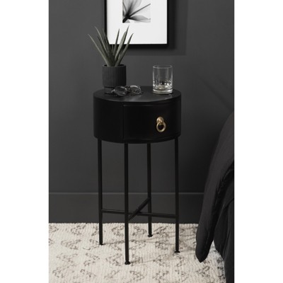 Black and Gold Round Wood Side Table with Storage