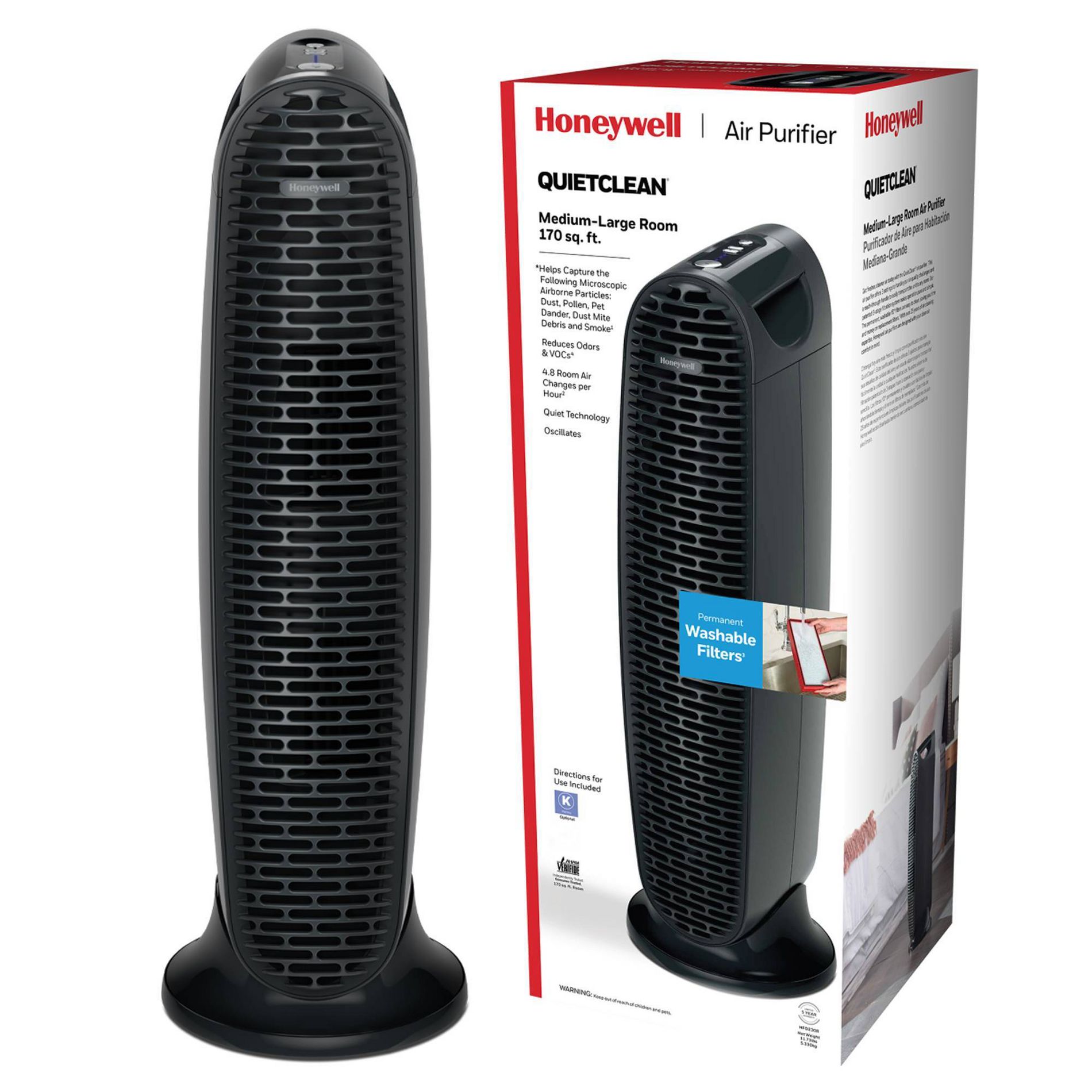 Honeywell HFD230B QuietClean Air Purifier with Permanent Filter Medium- Large Room Black: Washable Filter, Energy Star Certified